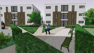 moderne padenstructuur in de vorm van een ganzevoet die naar de drie ingangen leiden