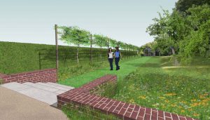 impressie van een wildbloemenwei met een gemaaid pad en leifruit en vormt een aanvulling op de moestuin in een tulp vorm