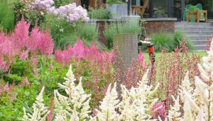 grote tuin met plantenborder en uitzicht op terras