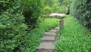 tegelpad richting achter tuin