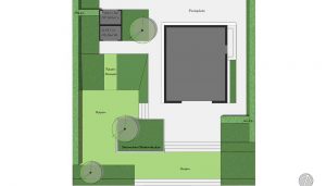 plattegrond van grote tuin met linksboven een grashelling voor de grasmaaier