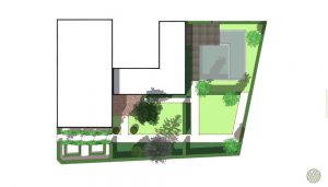 plattegrond van een grote tuin met een strakke indeling en losse beplanting