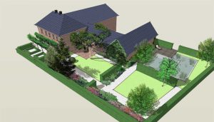 vogelperspectief van een grote tuin met een tuinkamer indeling met losse beplanting