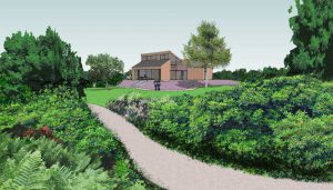 impressie van parktuin met zicht op het huis