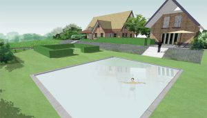 uitzicht op zwembad met riertgekapt huis op de achtergrond