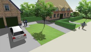 impressie van voortuin met oprit bij statig rietgedekt huis
