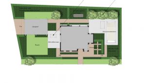 plattegrond van grote tuin met zwembad en carport