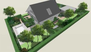 vogelperspectief van grote tuin met carport en zwembad