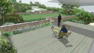 impressie vanaf het houten terras op de achterliggende heuvel met waterval