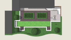 plattegrond van kleine tuin met plantvakken die door buxus zijn omlijst