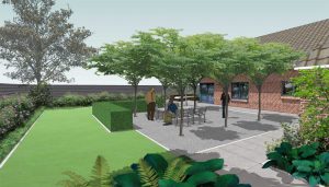 impressie van terras met 6 dakplatanen