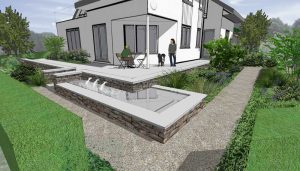 impressie van kleine tuin met strakke vijver