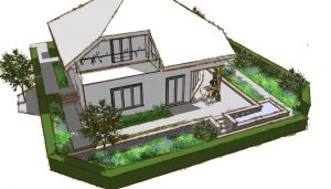 vogelperspectief van kleine tuin met strakke vijver
