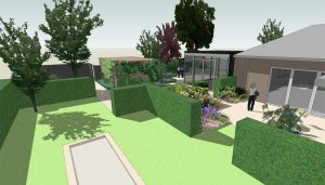 impressie kleine tuin met tuinkamers