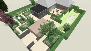 vogelperspectief kleine tuin met tuinkamers