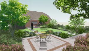 impressie van een terras met klinkerornament in kleine tuin