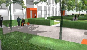 door de hagen in deze tuin bij het kantoorgebouw ontstaan groene ruimten