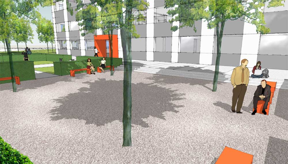 impressie van open ruimte met bomen voor kantoorgebouw