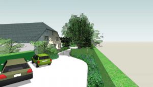 impressie van een oprit naar een tuin bij een boerderij