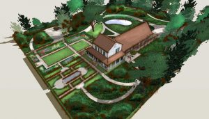 vogelperspectief van een tuin in de architectonische stijl van het einde van de 19e eeuw