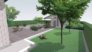 impressie van minimalistische tuin met sauna