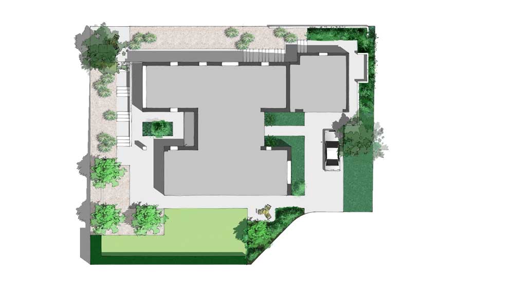plattegrond van een onderhoudsvriendelijke tuin rond een moderne bungalow in de stuwwal van kleve