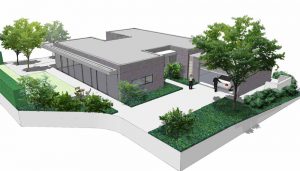 impressie van oprit bij moderne bungalow