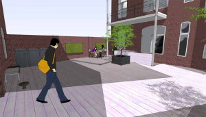 impressie van patio met terras en ingang tot de fietsenstalling
