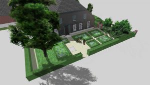 vogelperspectief van boerderijtuin met buxusperkjes