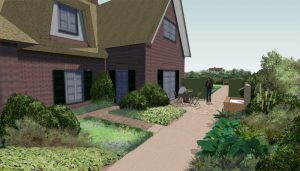 achtertuin met schaduwplanten en waterornament