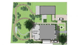 plattegrond van retrotuin bij nieuwgebouwde villa