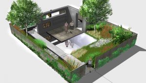 vogelperspectief van een vlonder tuin